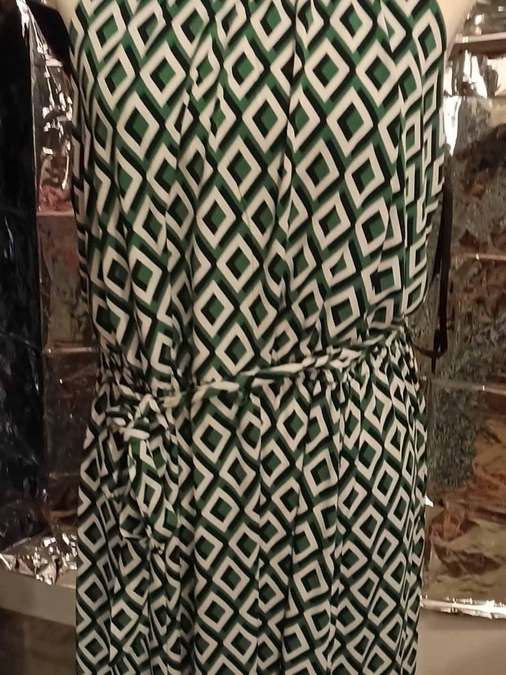 Green and White Geometric Print Women's Dress